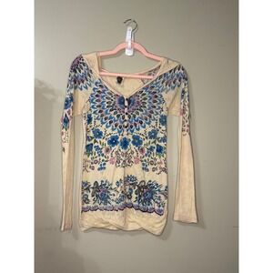 Free People Floral Mandala Thermal Hoodie Henley Top Cream Blue Pink Small